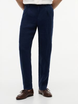 blue smart casual washed pure linen trousers for men tommy hilfiger