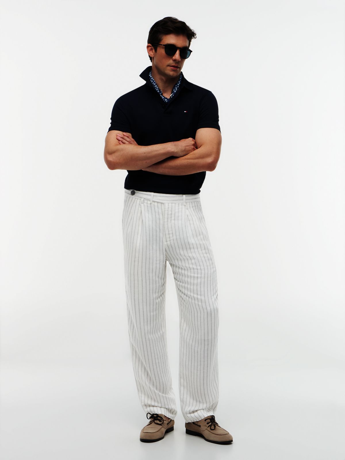 New York Label Stripe Linen Blend Relaxed Trousers — White
