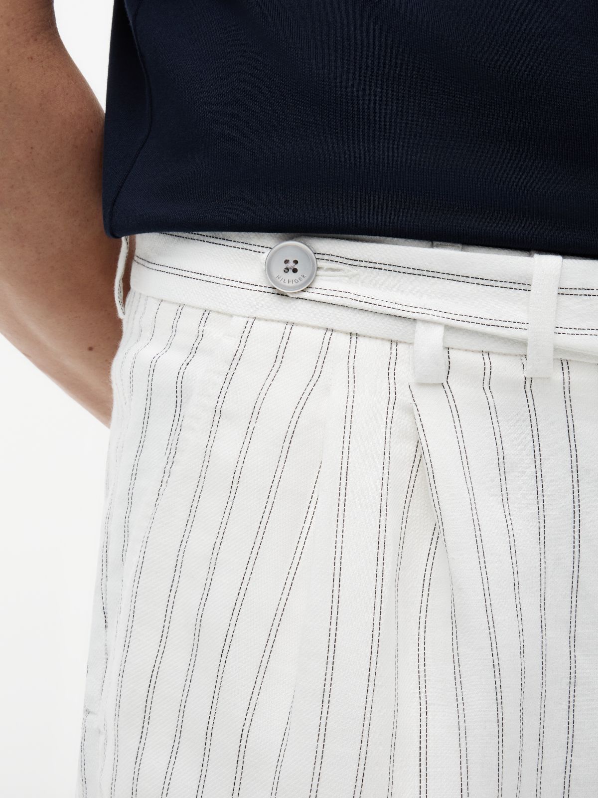 New York Label Stripe Linen Blend Relaxed Trousers — White