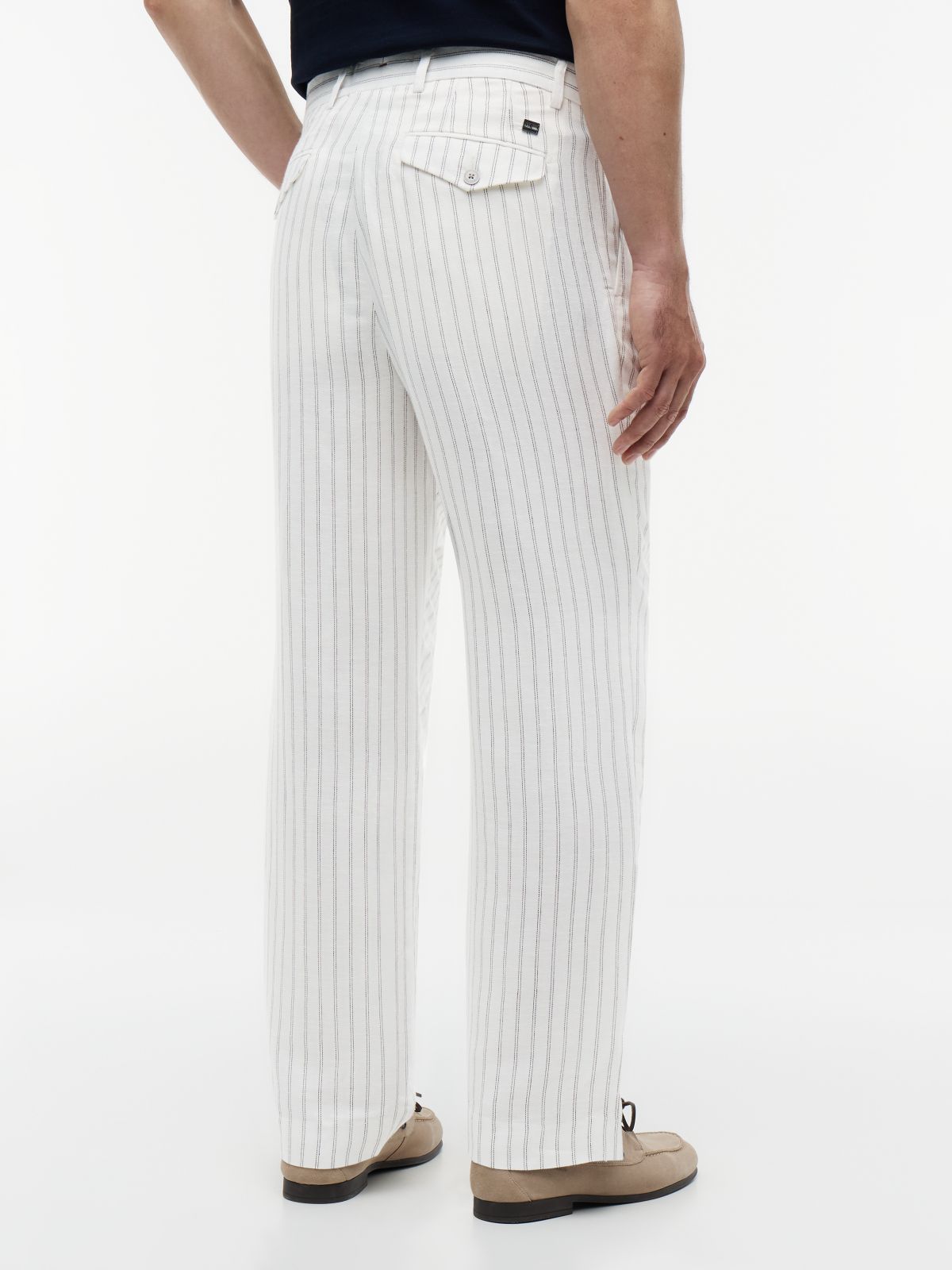 New York Label Stripe Linen Blend Relaxed Trousers — White