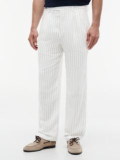 New York Label Stripe Linen Blend Relaxed Trousers — White 1