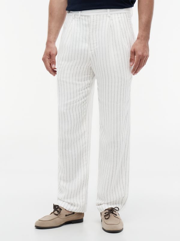 New York Label Stripe Linen Blend Relaxed Trousers — White