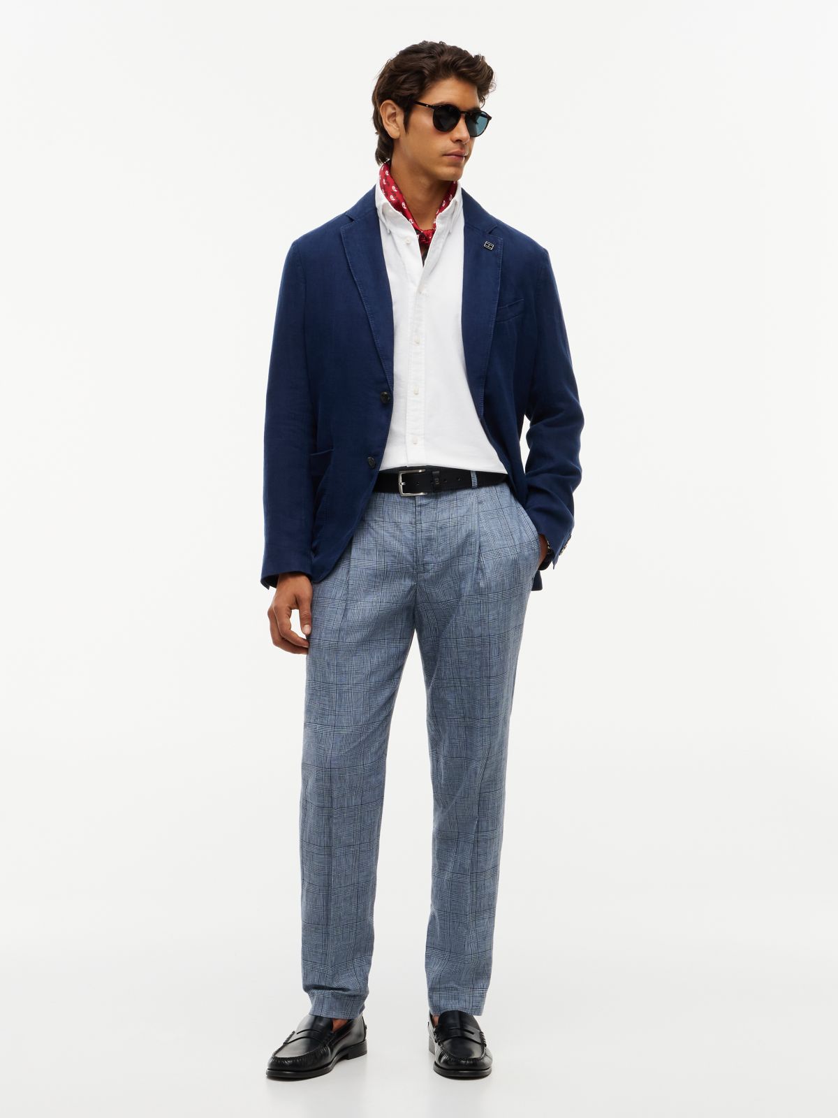 New York Label Check Pure Linen Tapered Trousers — Blue