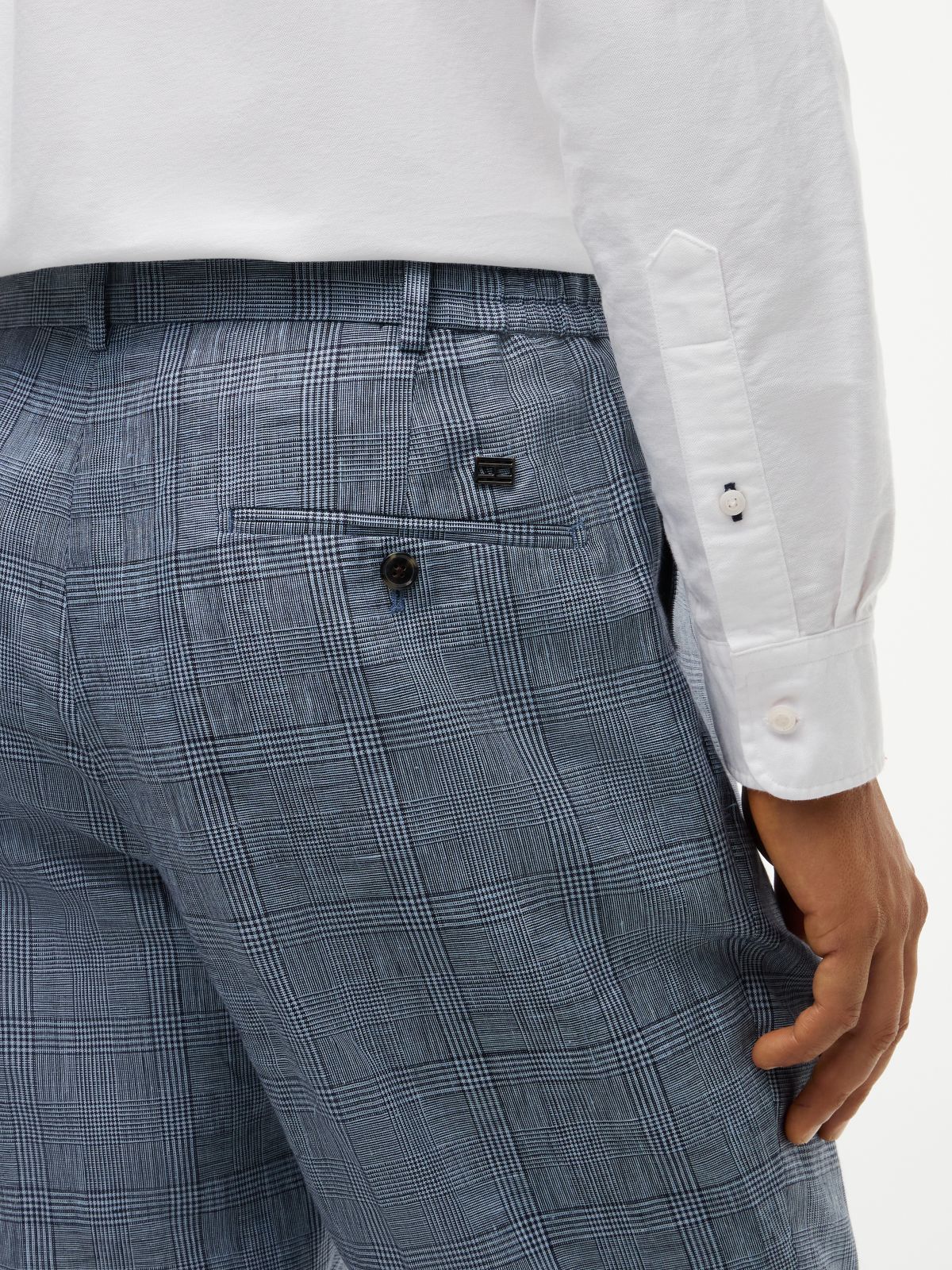 New York Label Check Pure Linen Tapered Trousers — Blue