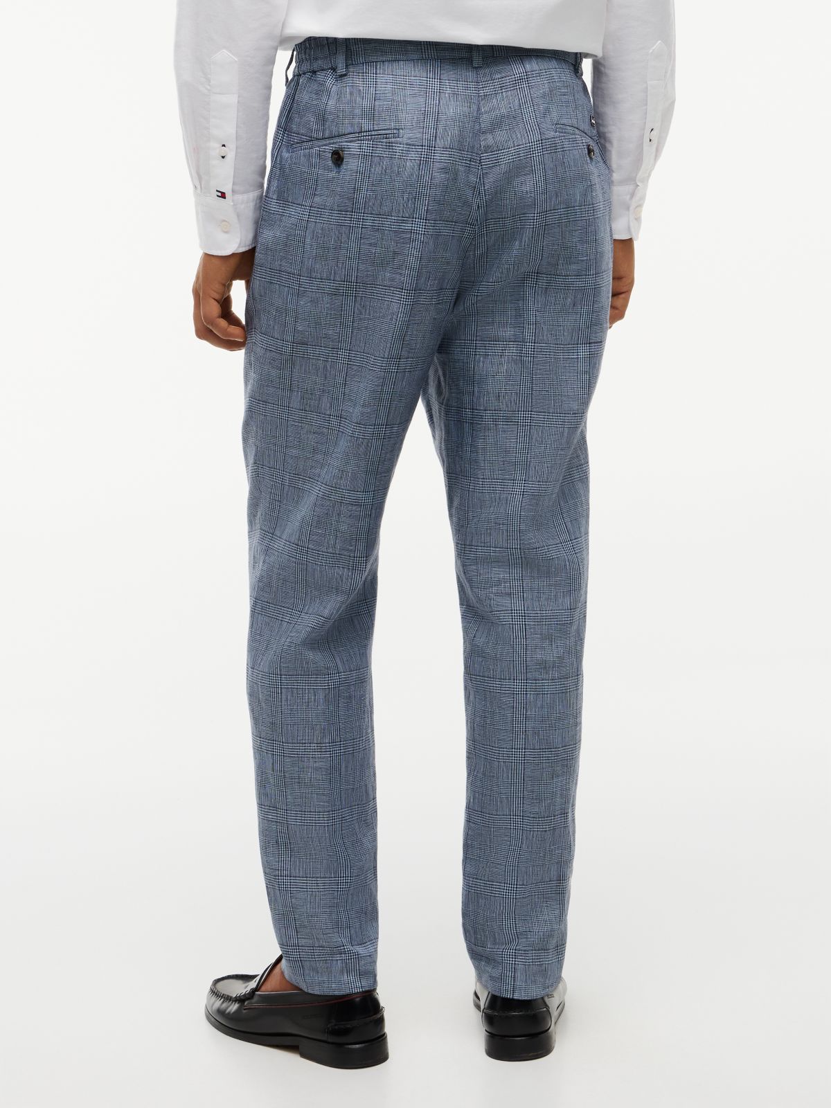 New York Label Check Pure Linen Tapered Trousers — Blue