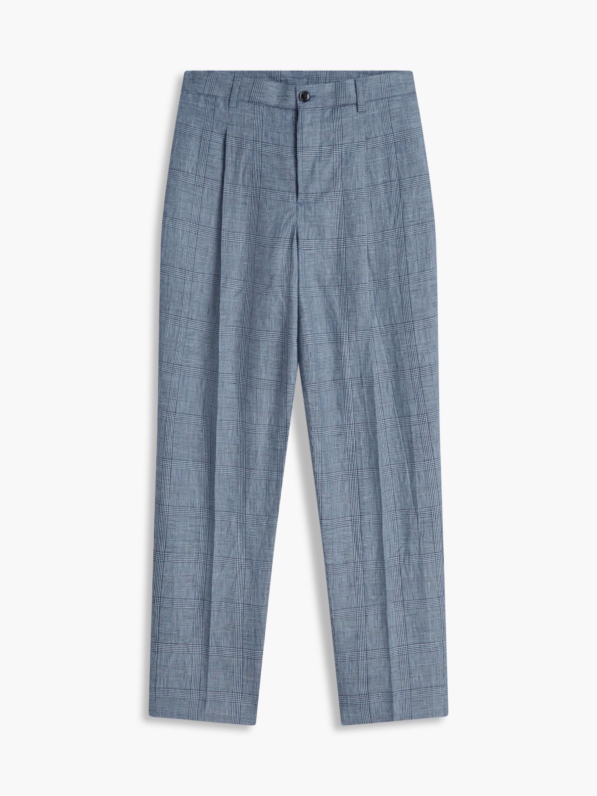New York Label Check Pure Linen Tapered Trousers — Blue