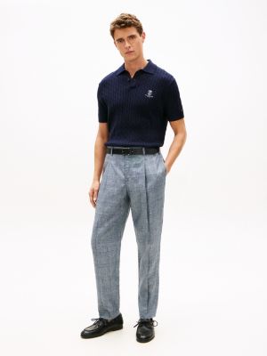 blue smart casual check pure linen tapered trousers for men tommy hilfiger