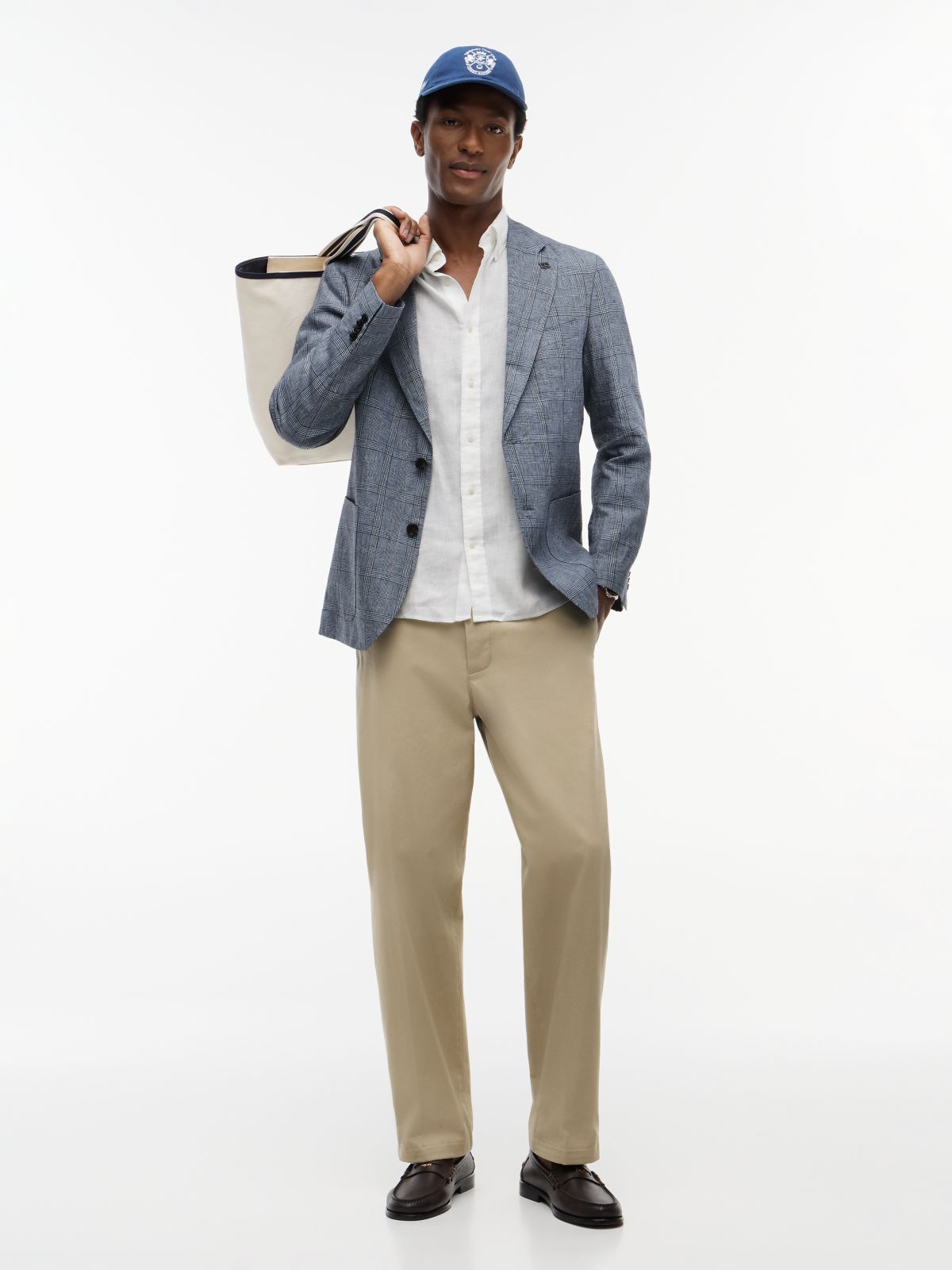 New York Label Check Regular Fit Pure Linen Blazer — Blue