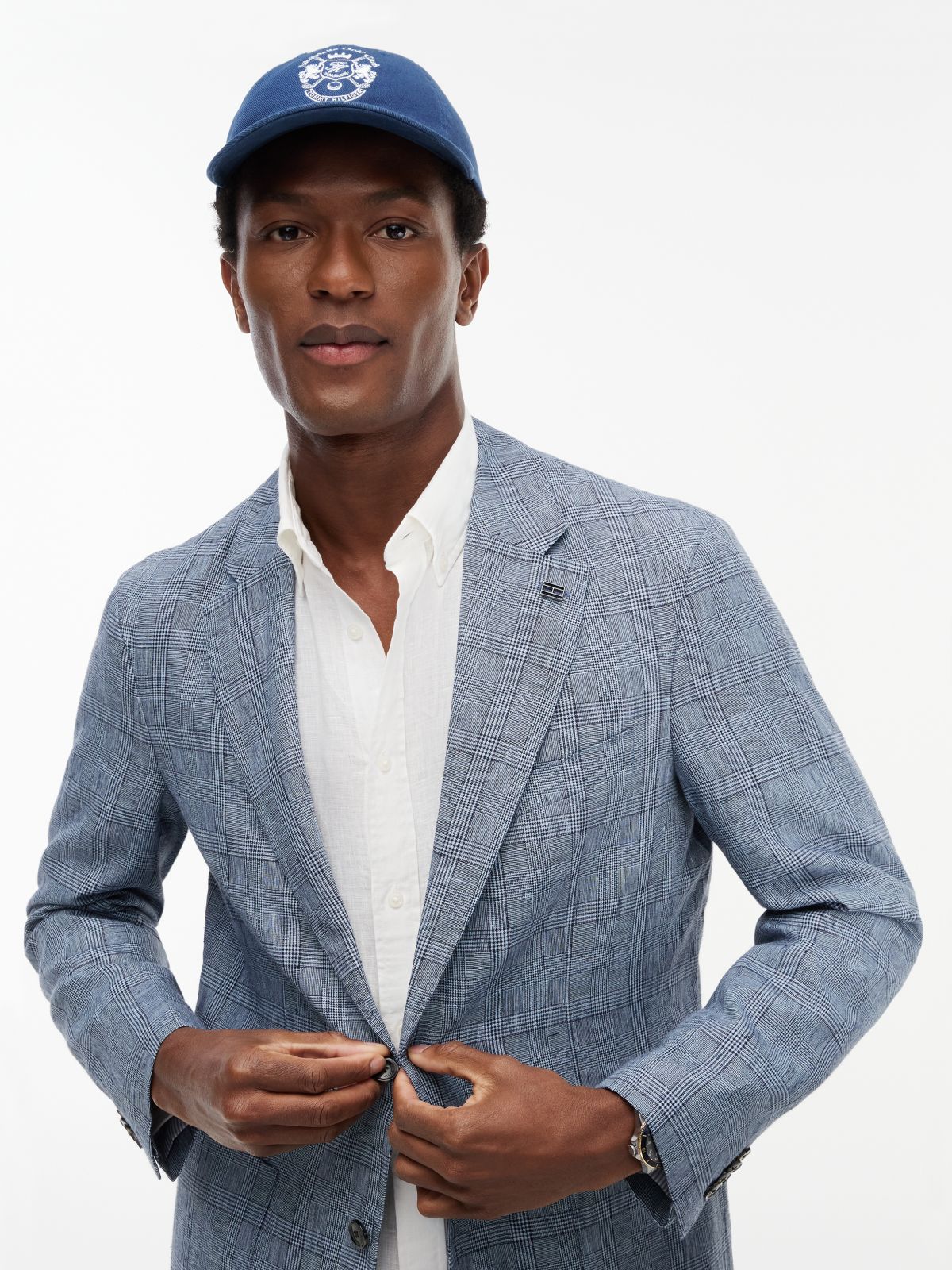 New York Label Check Regular Fit Pure Linen Blazer — Blue