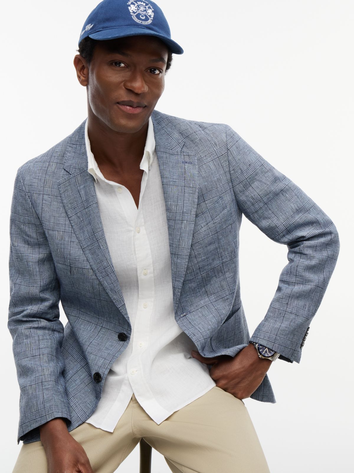New York Label Check Regular Fit Pure Linen Blazer — Blue