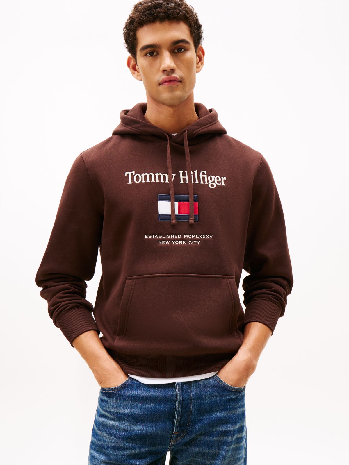Logo Embroidery Fleece Hoody — Brown