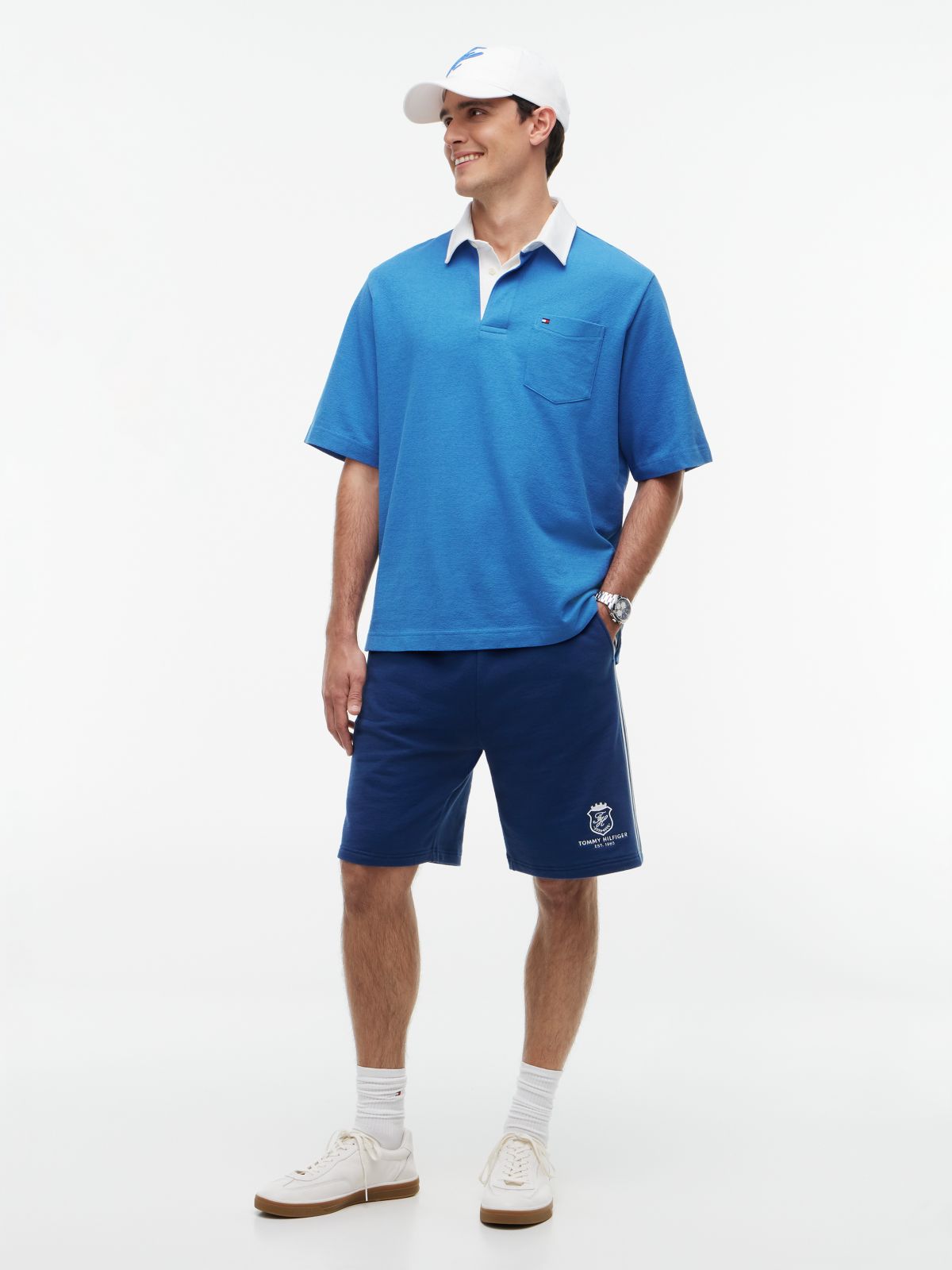 Relaxed Fit Logo Label Jersey Polo Shirt — Blue