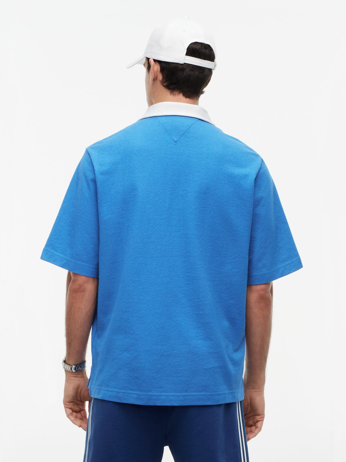 Relaxed Fit Logo Label Jersey Polo Shirt — Blue