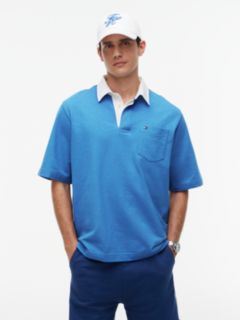 Relaxed Fit Logo Label Jersey Polo Shirt — Blue 1