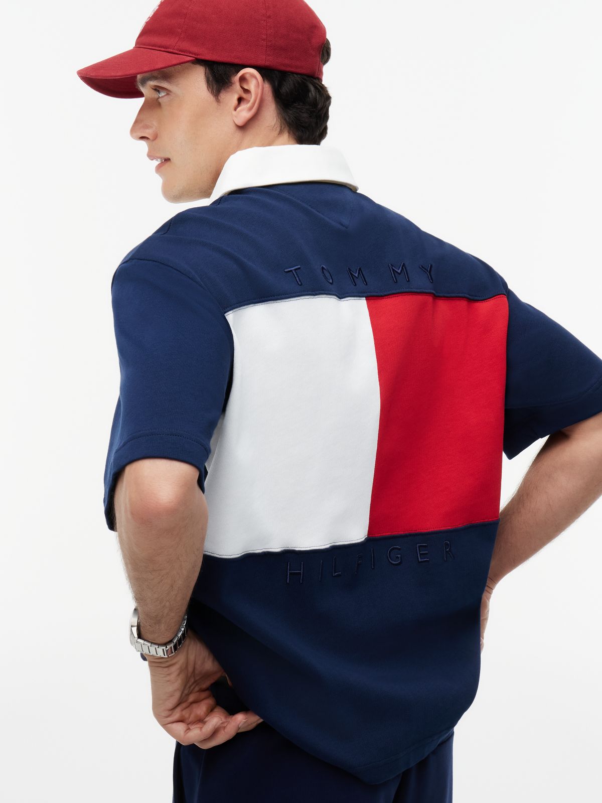 Colour-Blocked Back Logo Relaxed Polo Shirt — Blue