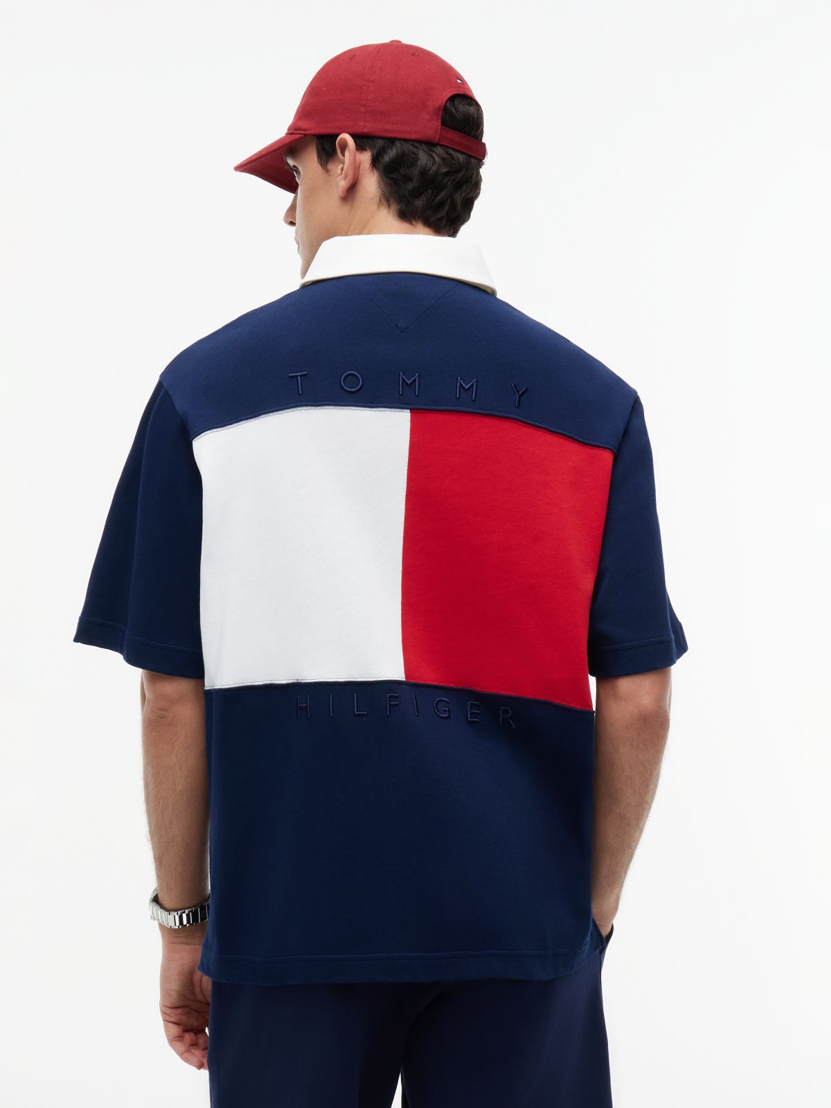 Colour-Blocked Back Logo Relaxed Polo Shirt — Blue