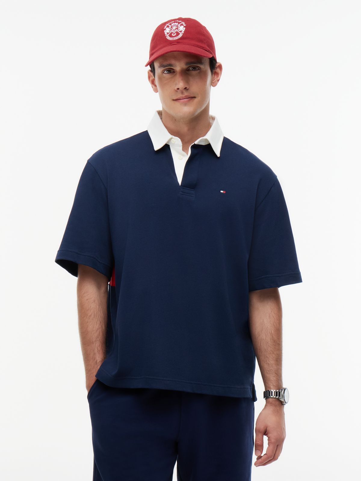Colour-Blocked Back Logo Relaxed Polo Shirt — Blue