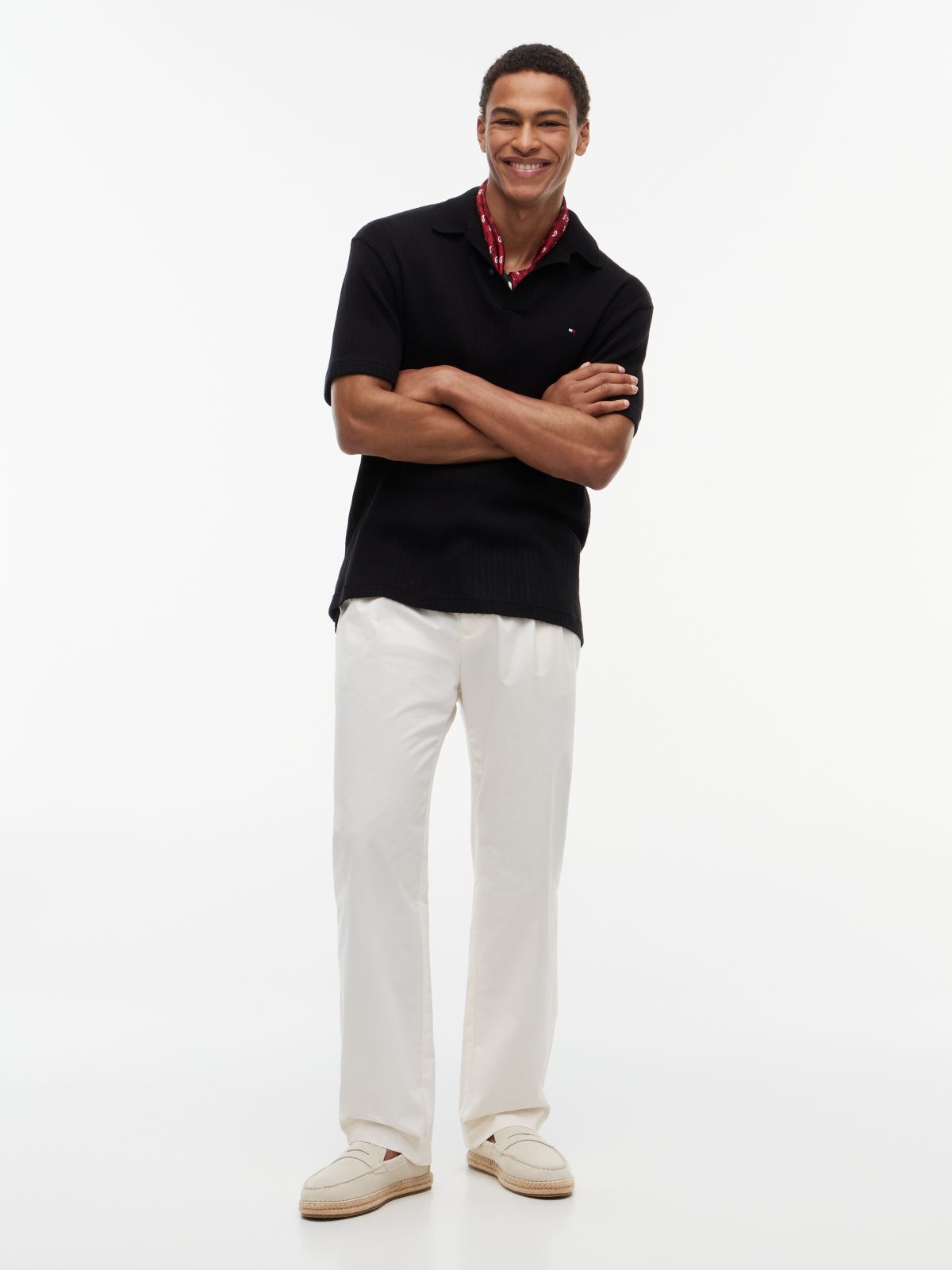 Relaxed Fit Open Knit Polo Shirt — Black