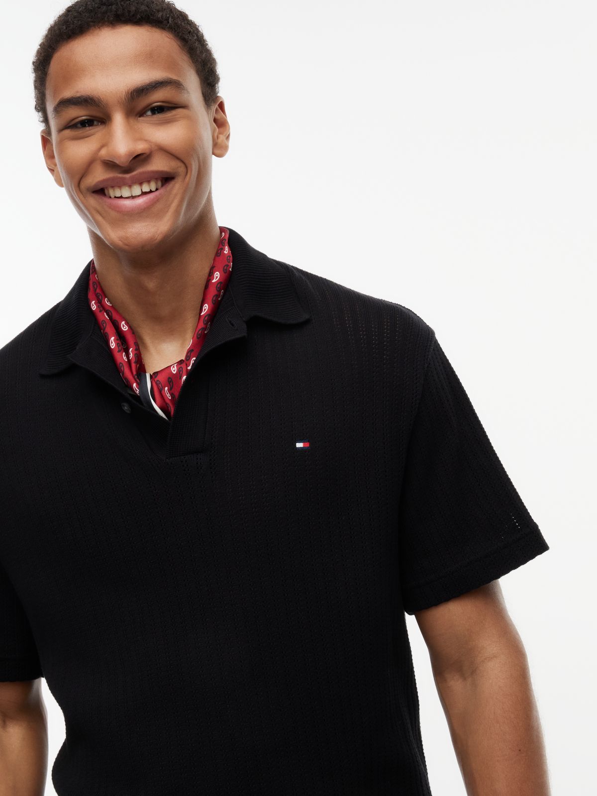 Relaxed Fit Open Knit Polo Shirt — Black