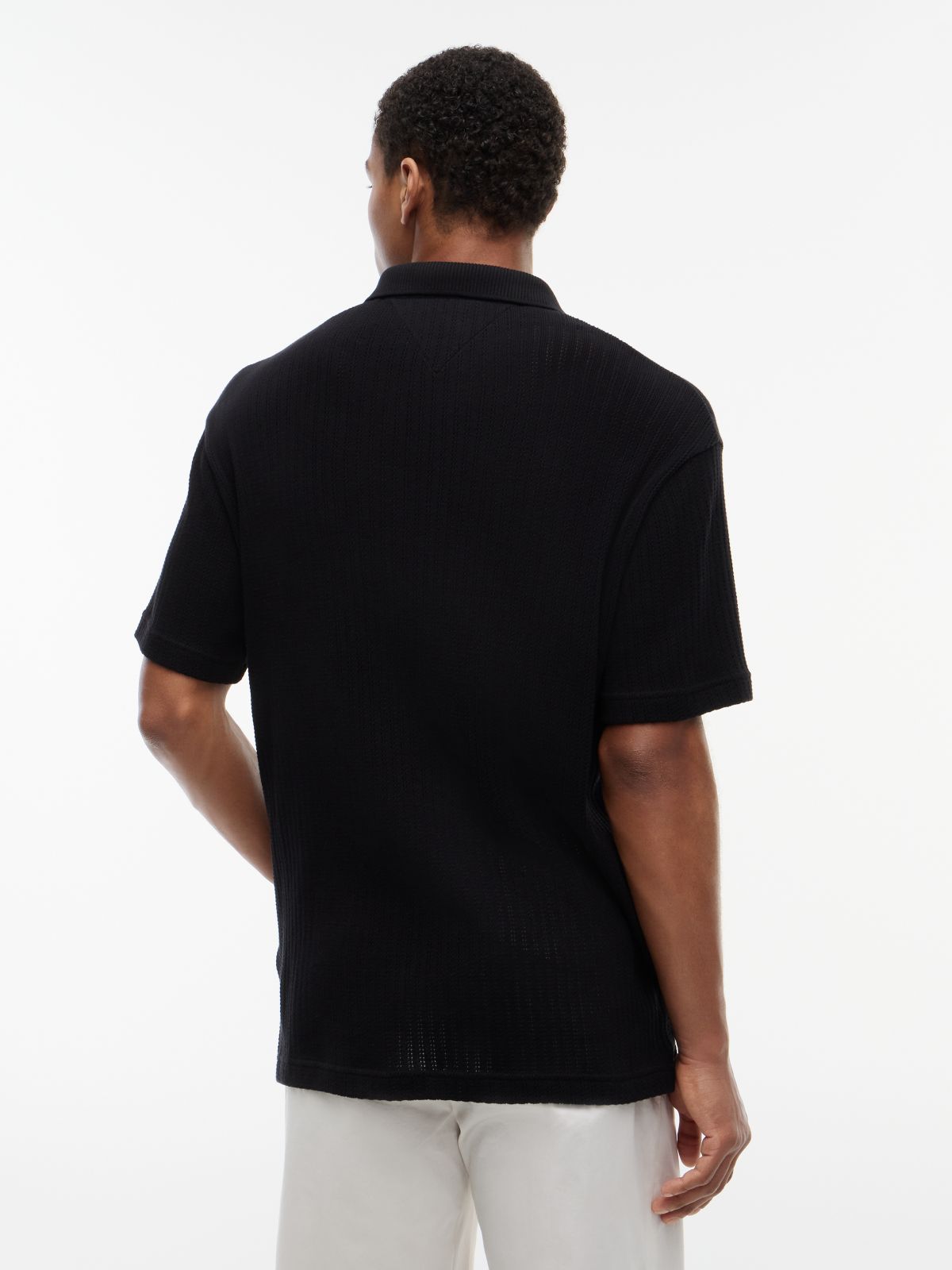 Relaxed Fit Open Knit Polo Shirt — Black