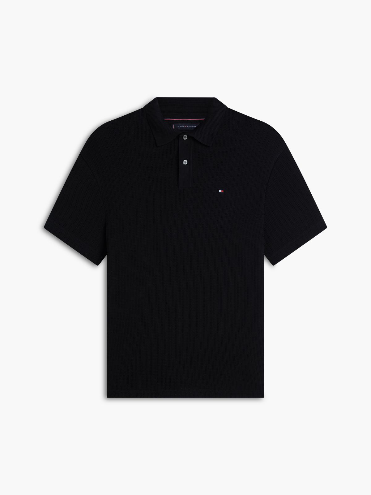Relaxed Fit Open Knit Polo Shirt — Black