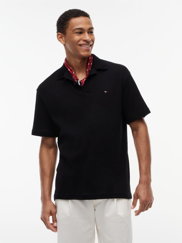 Relaxed Fit Open Knit Polo Shirt — Black