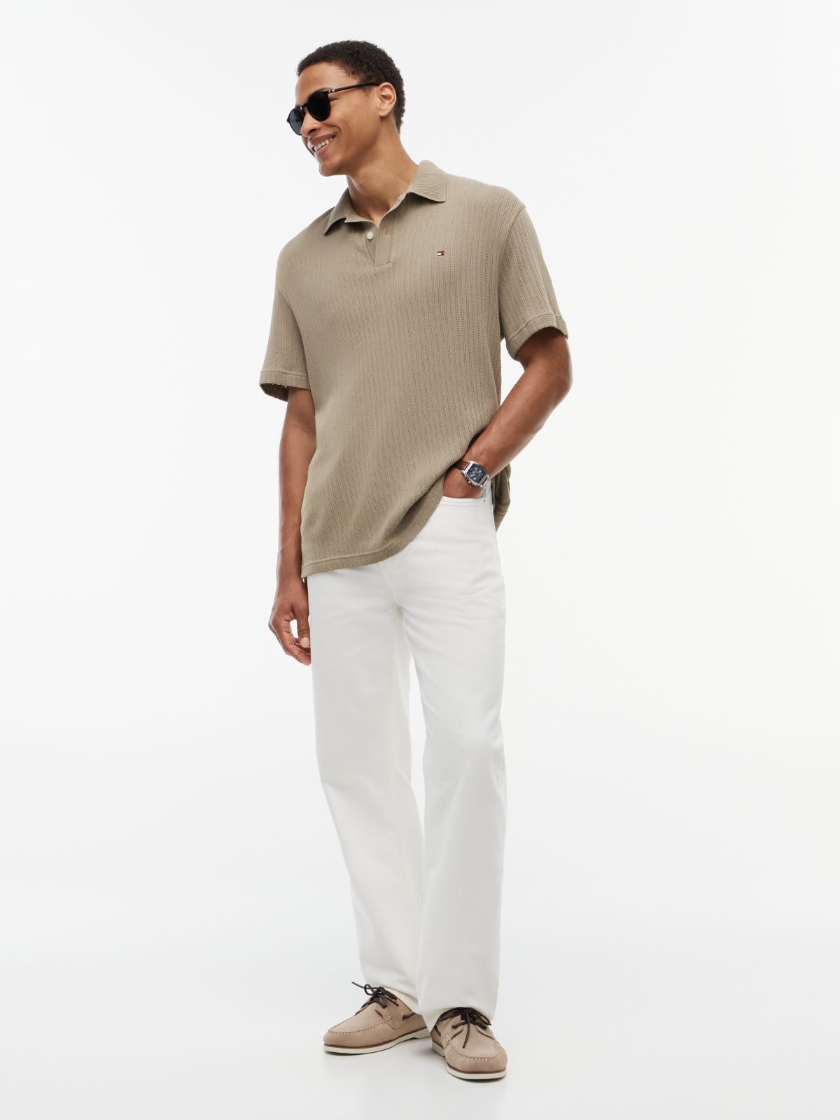 Relaxed Fit Open Knit Polo Shirt — Green