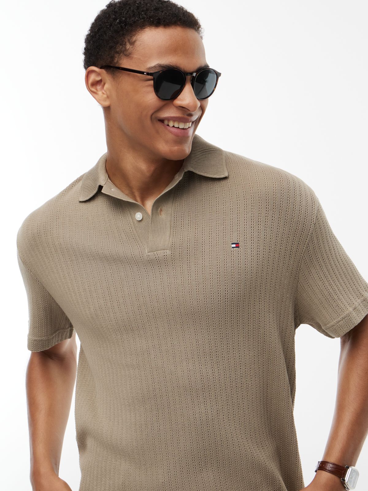 Relaxed Fit Open Knit Polo Shirt — Green