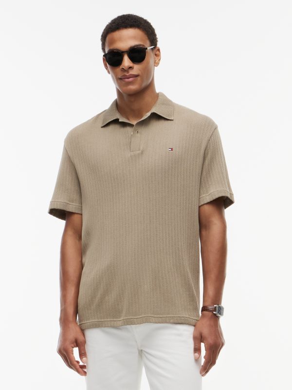 Relaxed Fit Open Knit Polo Shirt — Green