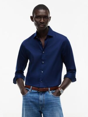 blue new york label slim fit overhemd met flex-kraag voor heren - tommy hilfiger