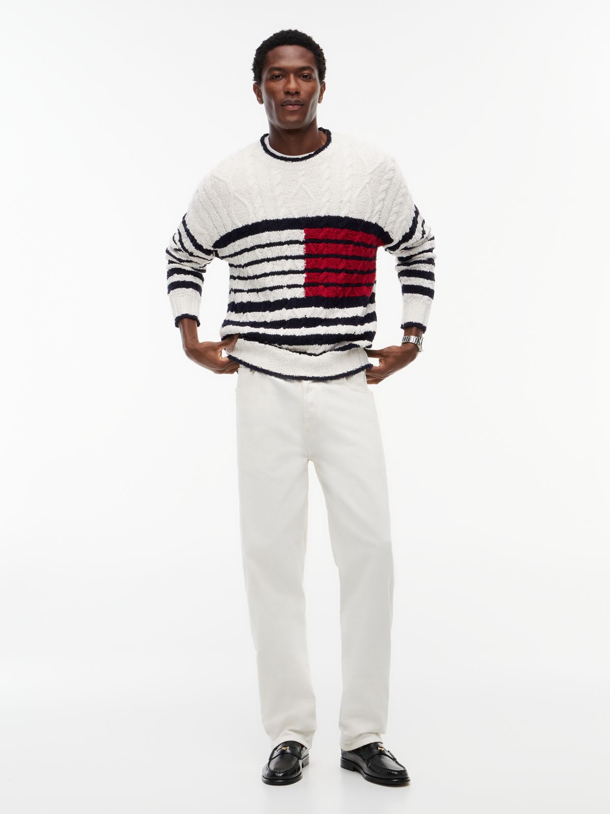 Cable Knit Breton Stripe Flag Jumper — White