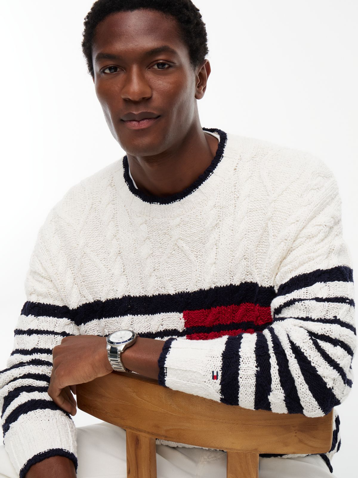 Cable Knit Breton Stripe Flag Jumper — White