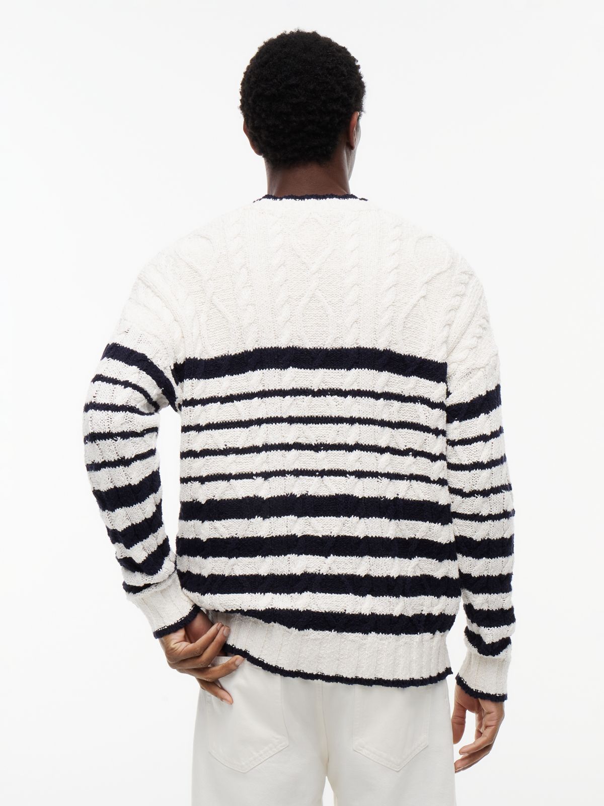 Cable Knit Breton Stripe Flag Jumper — White