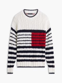 Cable Knit Breton Stripe Flag Jumper — White 5