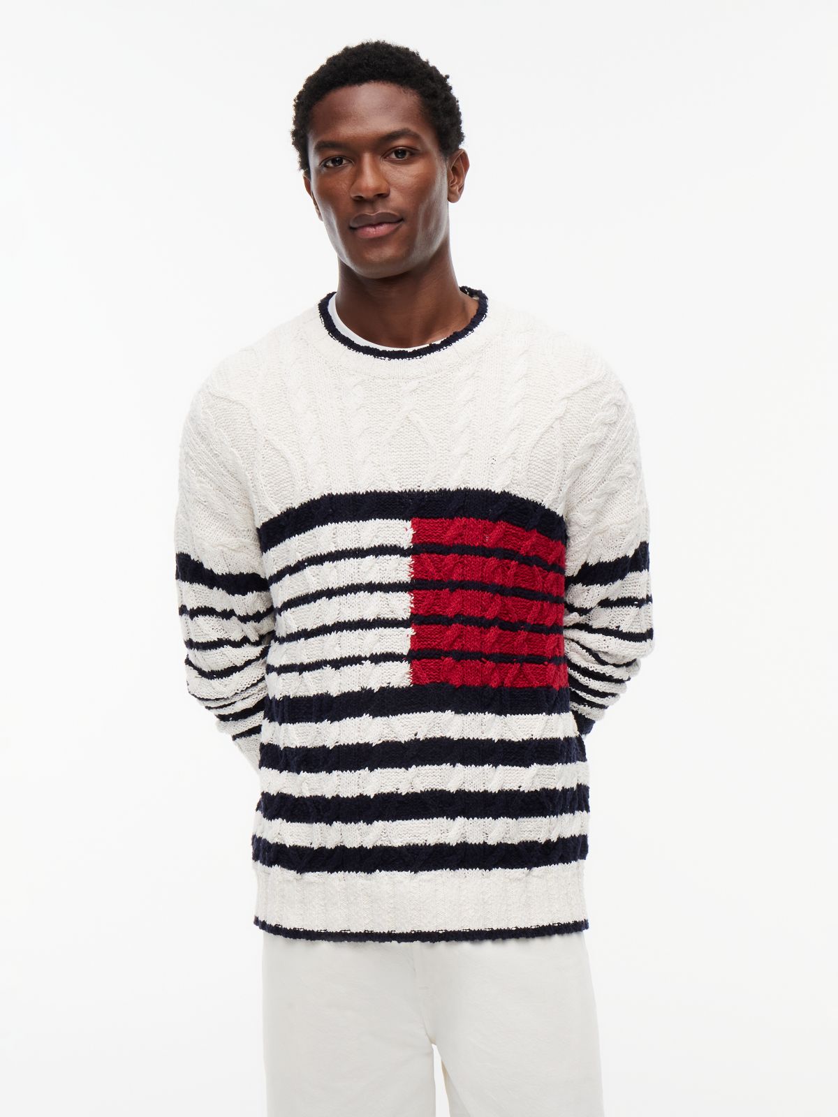 Cable Knit Breton Stripe Flag Jumper — White