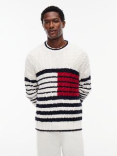 Cable Knit Breton Stripe Flag Jumper — White 1