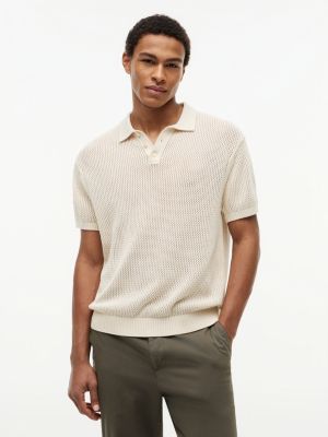 polo coupe décontractée en maille ajourée beige pour hommes tommy hilfiger