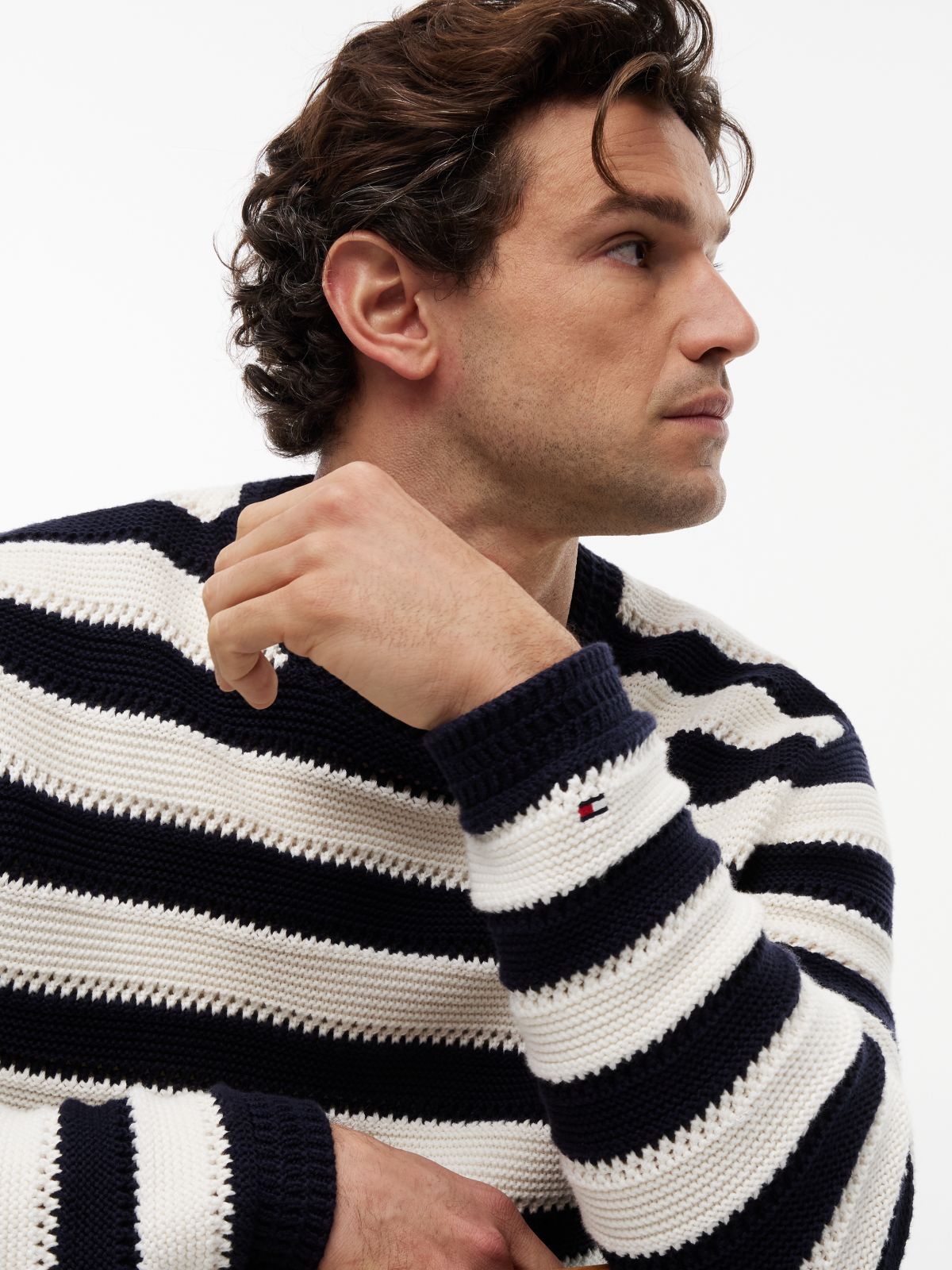 Crochet Stripe Relaxed Jumper — Blue