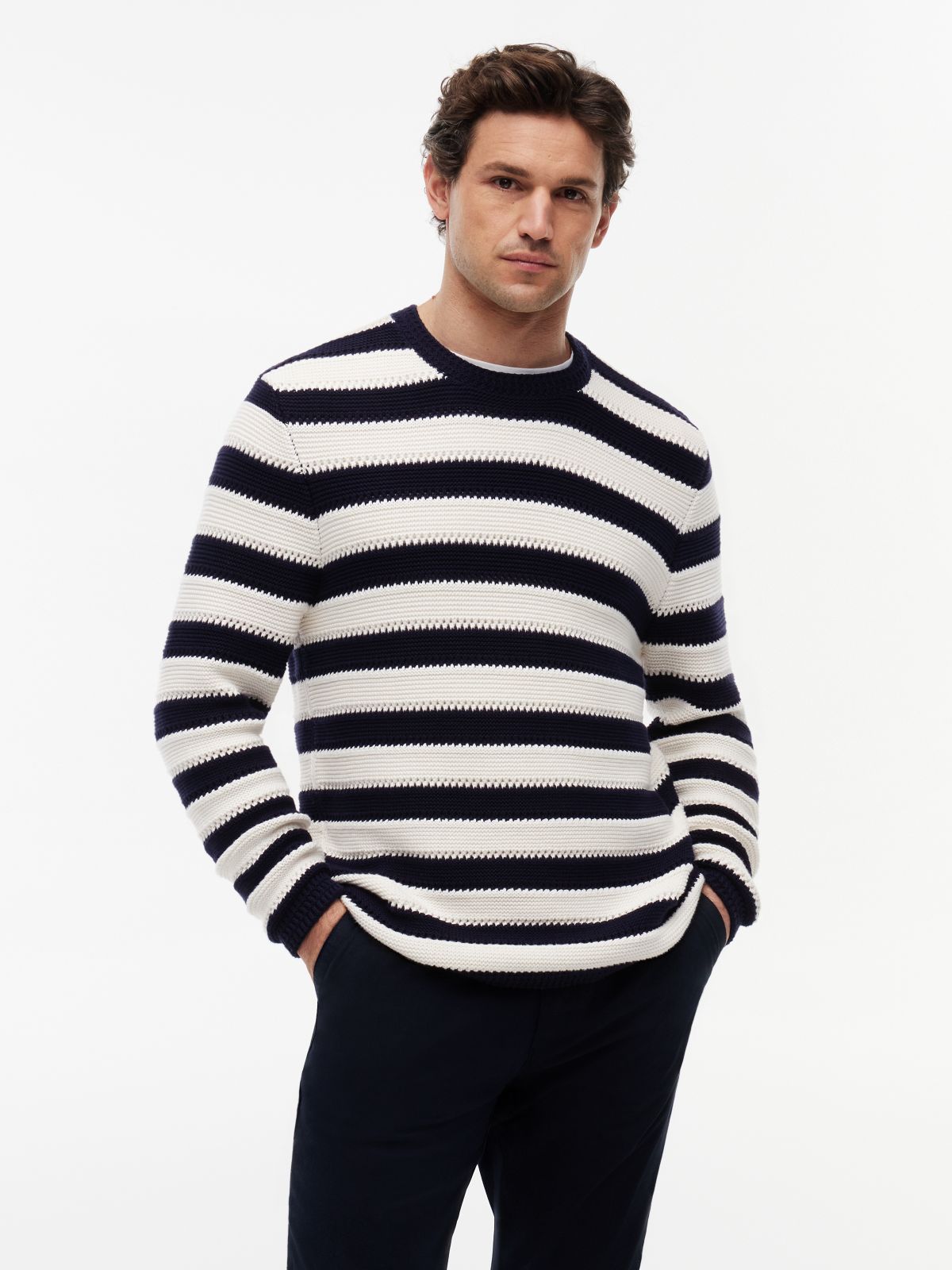 Crochet Stripe Relaxed Jumper — Blue
