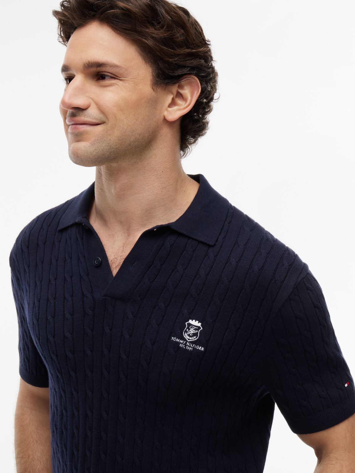 Regular Fit Embroidery Cable Knit Polo Shirt — Blue