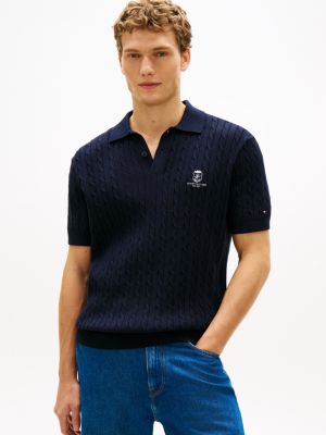 blue regular fit zopfmuster-poloshirt mit stickerei für herren - tommy hilfiger