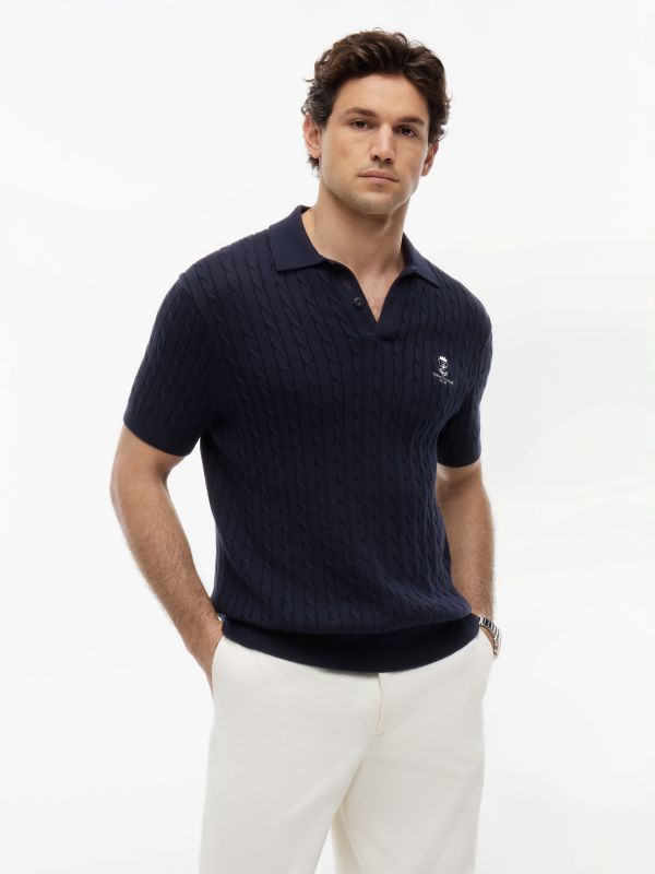 Regular Fit Embroidery Cable Knit Polo Shirt — Blue