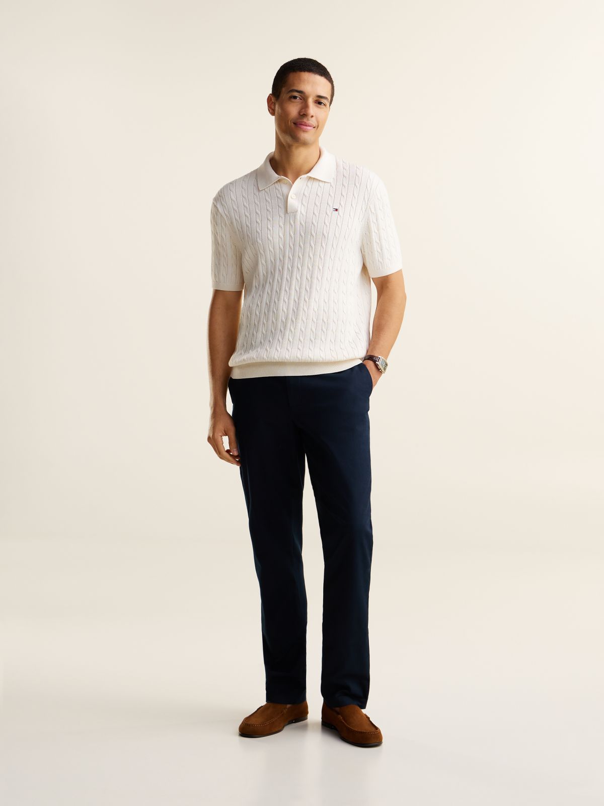 Regular Fit Embroidery Cable Knit Polo Shirt — Yellow