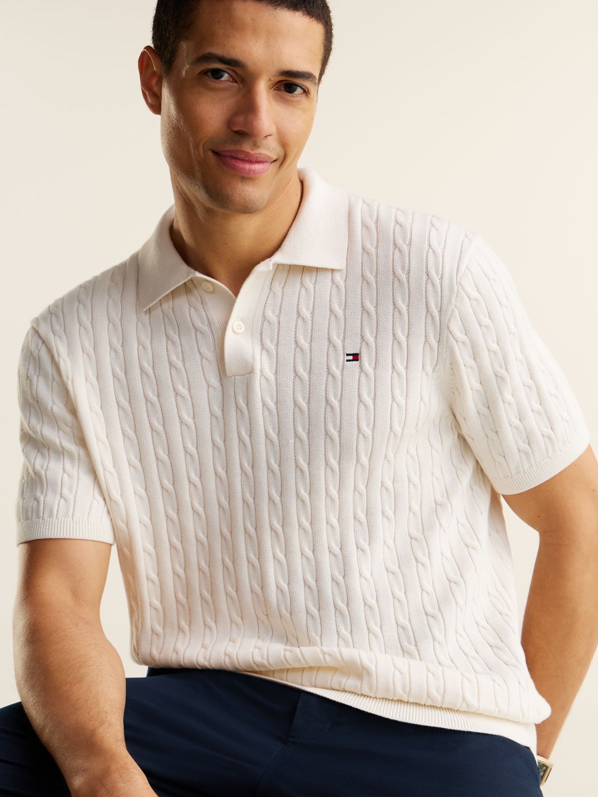 Regular Fit Embroidery Cable Knit Polo Shirt — Yellow