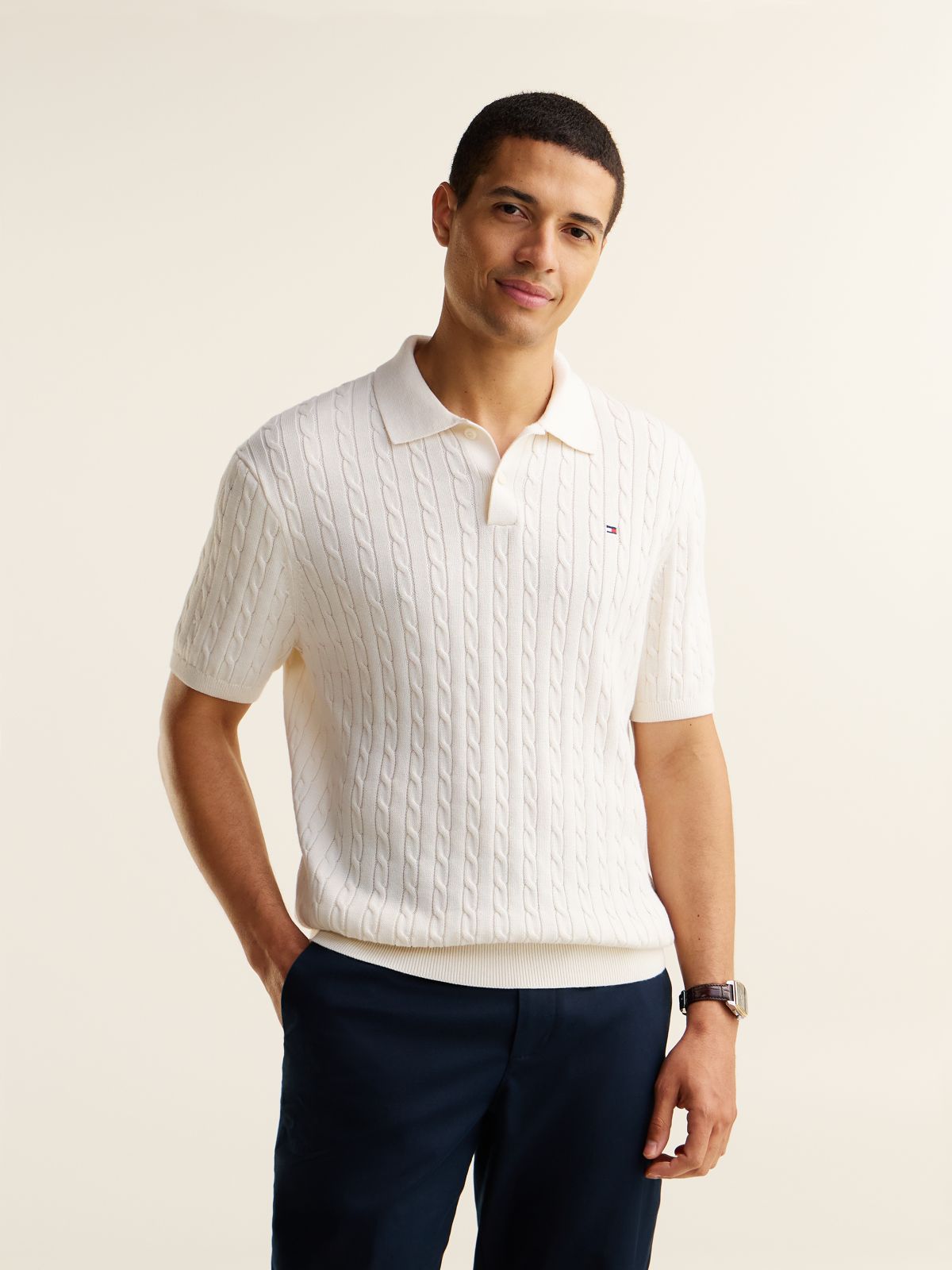 Regular Fit Embroidery Cable Knit Polo Shirt — Yellow