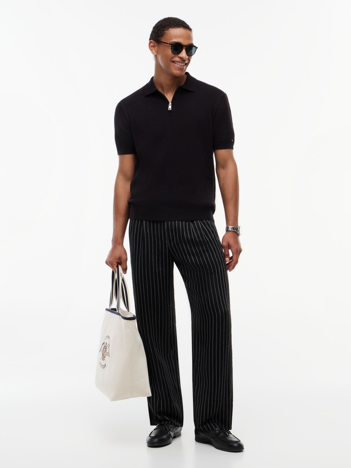 Regular Fit Textured Knit Zip Polo Shirt — Black