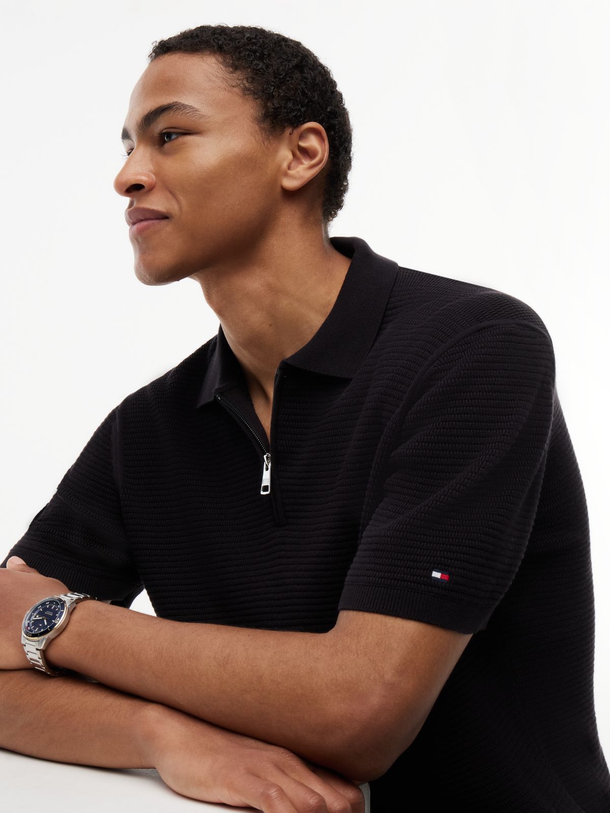 Regular Fit Textured Knit Zip Polo Shirt — Black