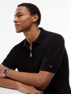 Regular Fit Textured Knit Zip Polo Shirt — Black 3