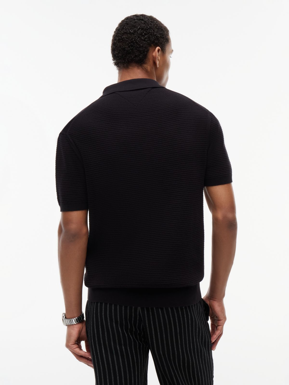 Regular Fit Textured Knit Zip Polo Shirt — Black