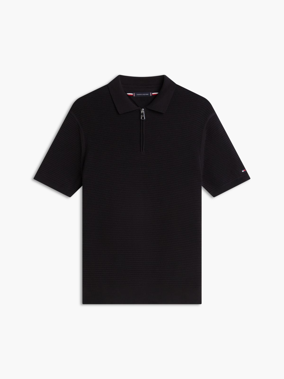 Regular Fit Textured Knit Zip Polo Shirt — Black